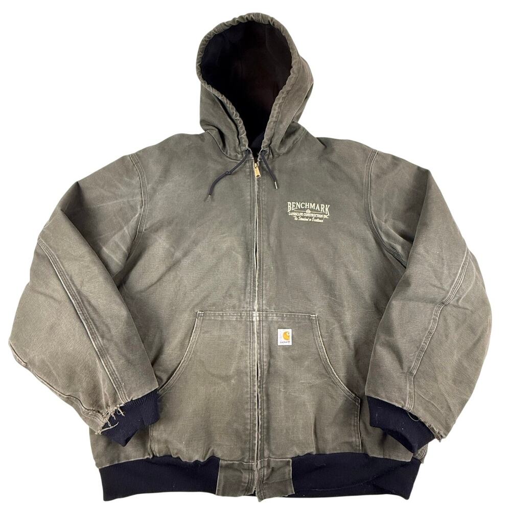 Vintage Moss Green Faded Carhartt Jacket W/ Hood Company Logo Workwear Size 2XL